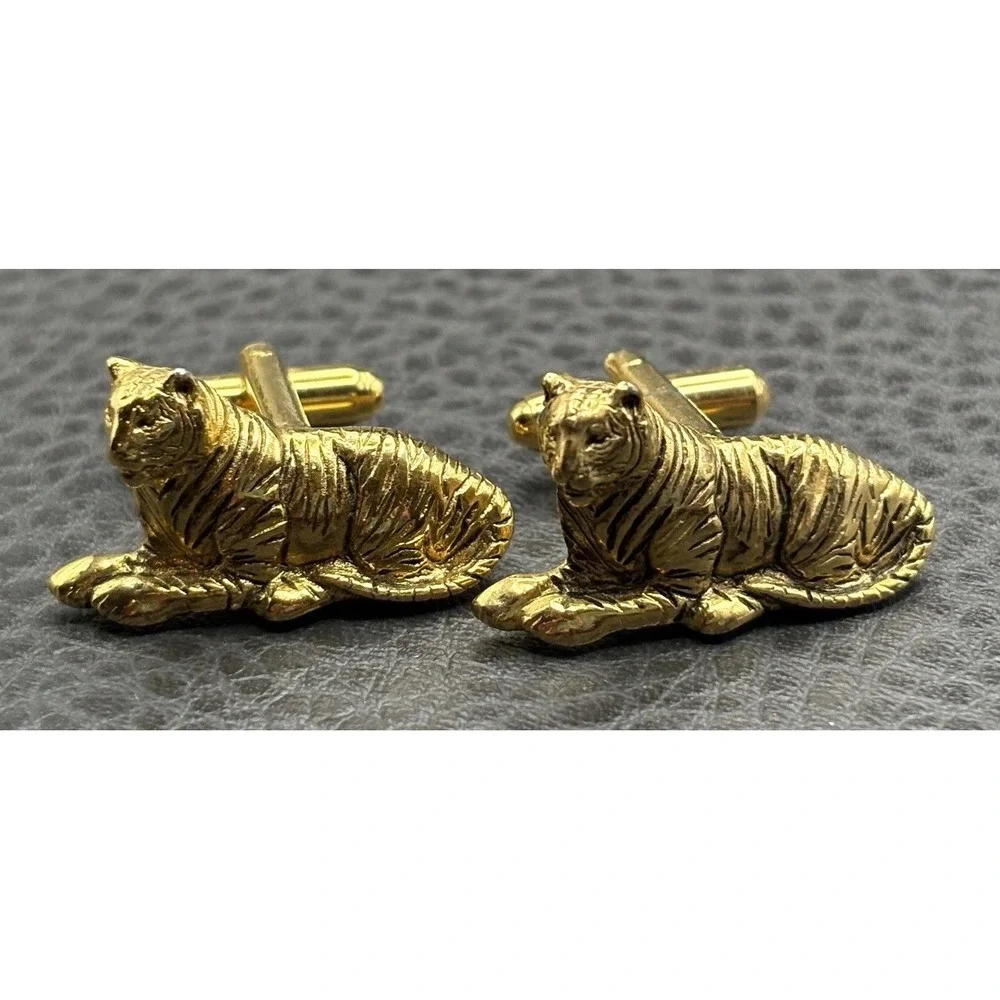Vintage Figural Tiger Cat Cufflinks Gold Tone Unique Statement Men's Accessory